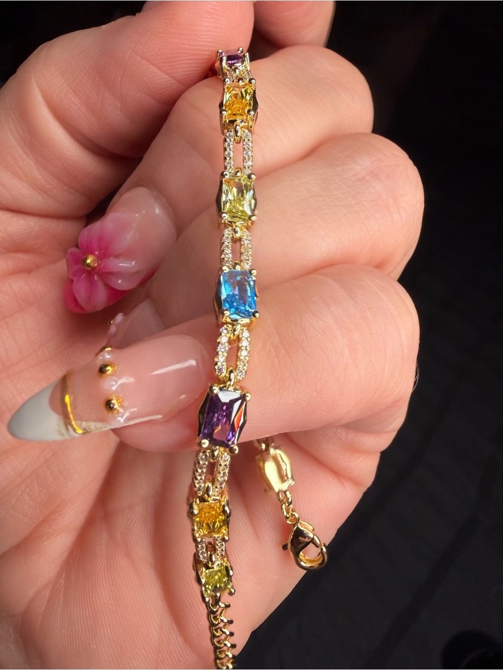 Rainbow Emerald Cut Tennis Bracelet Gold Filled Multicolor CZ 7.5”